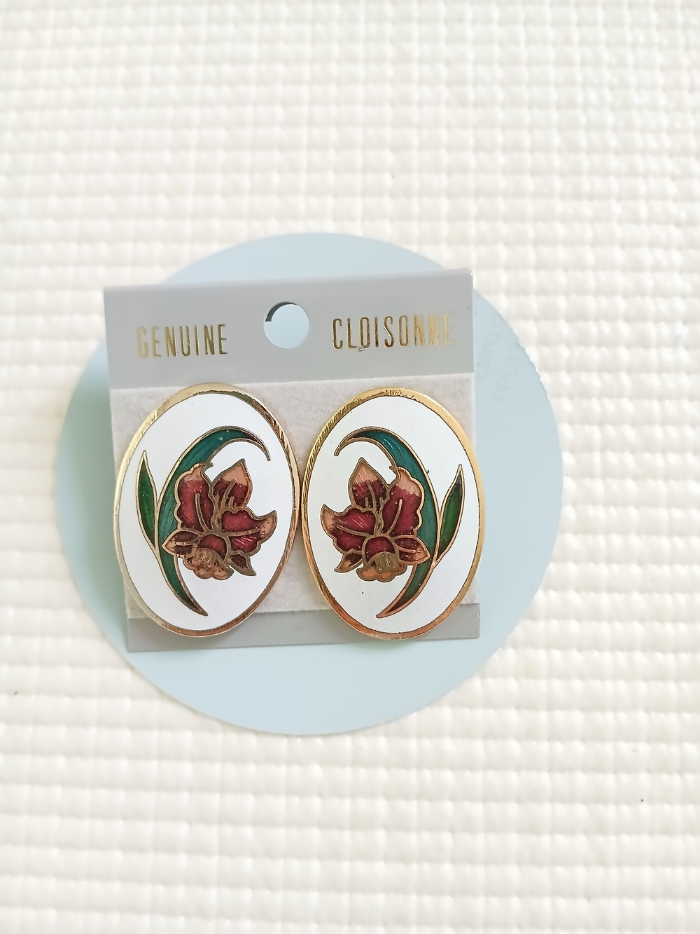 Vintage oval Cloisonne Daffodil flower earrings, studs, large,1.5", new